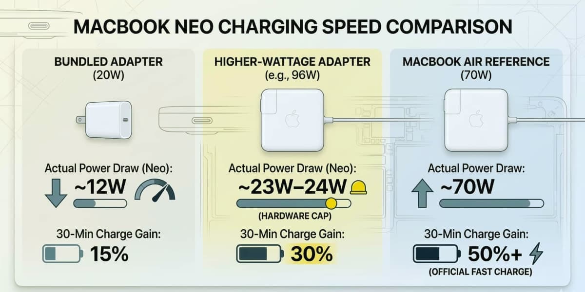 MacBook Neo charging with USB-C cable | ALT TEXT: MacBook Neo USB-C charging no MagSafe