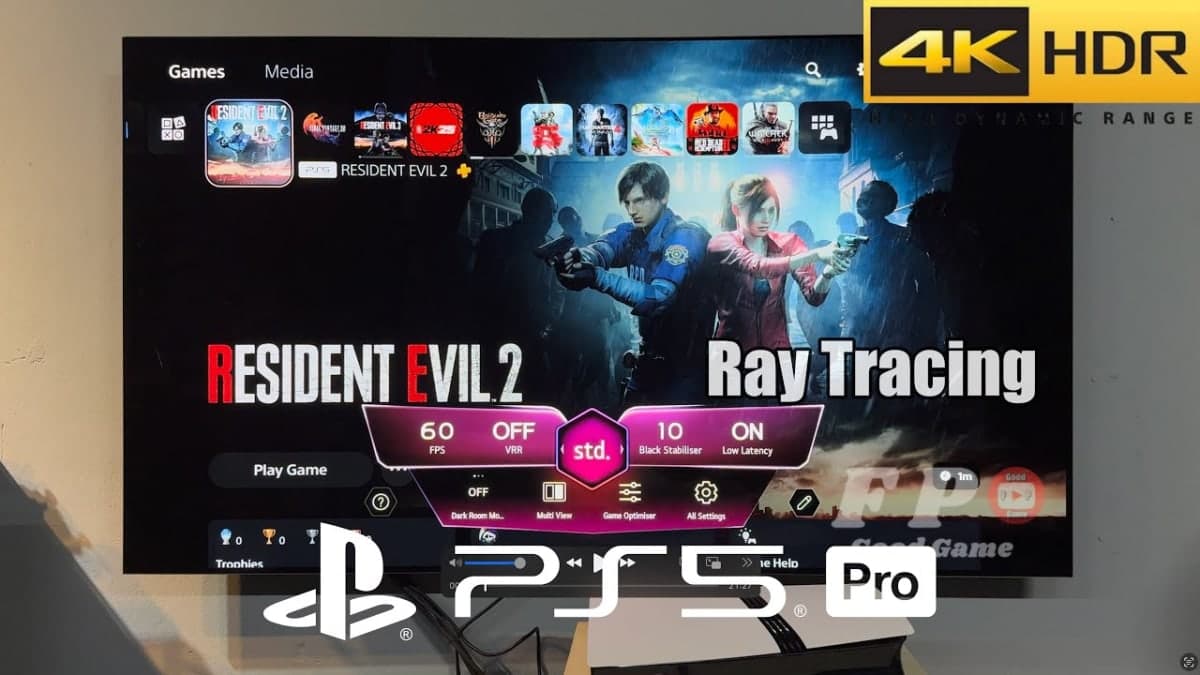 PS5 Pro console on a gaming desk with a 4K display showing Resident Evil Requiem | ALT TEXT: Sony PlayStation PS5 Pro 2026 PSSR 2 update gaming setup